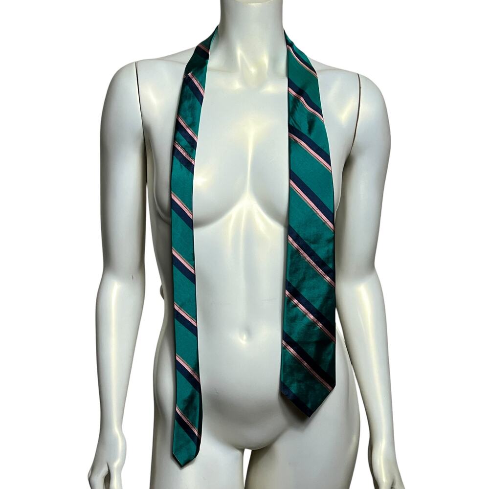 Vintage Christian Dior Teal Blue Pink Striped All Silk Neck Tie Made in USA
